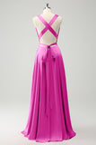Pink A Line Deep V Neck Backless Long Bridesmaid Dress with Slit