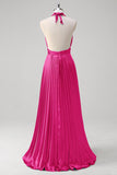 Royal Blue A-Line Halter Pleated Open Back Long Bridesmaid Dress