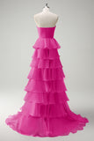 Hot Pink Sweetheart Princess Cut Out Tiered Long Prom Dress with Slit