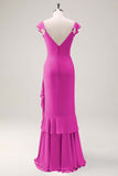 Dusty Sage Sheath V Neck Open Back Chiffon Long Bridesmaid Dress with Ruffles
