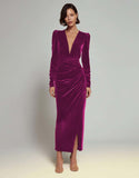Olive Sheath Long Sleeves Velvet Ruched Formal Dress with Slit