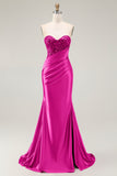 Sweetheart Mermaid Red Beaded Sequins Pleated Satin Long Prom Dress with Slit