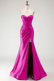 Burgundy Mermaid Sweetheart Corset Beaded Ruched Long Prom Dress with Slit