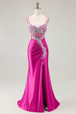 Sparkly Blush Spaghetti Straps Mermaid Sequins Corset Prom Dress with Slit