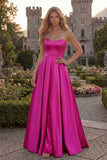 Fuchsia Strapless A Line Satin Maxi Prom Dress
