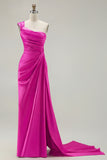 One Shoulder Green Sheath Ruched Long Prom Dress with Slit