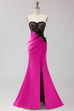 Black Green Strapless Mermaid Lace Appliqued Ruched Long Prom Dress with Slit