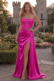 Strapless Corset Satin Burgundy Prom Dress with Slit