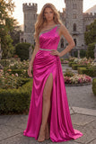 One Shoulder Light Blue A Line Ruched Prom Dress with Slit
