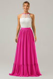 A-Line Halter Pleated Keyhole Chiffon Bridesmaid Dress With Lace