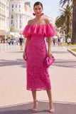 Off the Shoulder Ruffled Yellow Midi Wedding Guest Dress