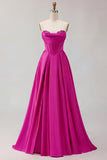 Golden A Line Beaded Strapless Corset Satin Long Prom Dress
