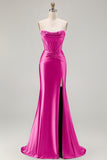 Dark Green Beaded Corset Strapless Mermaid Long Prom Dress with Slit