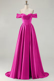 Off the Shoulder A Line Blue Satin Long Bridesmaid Dress with Slit