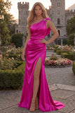 Lilac One Shoulder Satin Mermaid Prom Dress with Slit