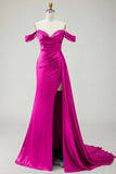 Royal Blue Off The Shoulder Mermaid Beaded Streamer Ruched Long Prom Dress with Slit