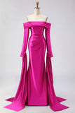 Off the Shoulder Dark Green Mermaid Ruched Prom Dress with Long Sleeves