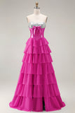 Strapless Pink A Line Tiered Ruffle Sequin Corset Long Prom Dress with Slit