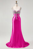 Blush Mermaid Spaghetti Straps Beaded Corset Long Prom Dress with Rhinestones
