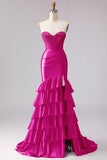 Red Mermaid Sweetheart Beaded Corset Tiered Ruffle Long Prom Dress with Slit