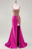 Black Mermaid Embroidered Beaded Lace Up Back Long Prom Dress with Slit