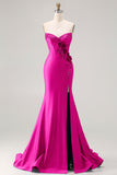 Royal Blue Strapless Sequin Corset Beaded Mermaid Long Prom Dress with 3D Flowers