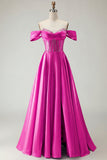 Off the Shoulder Purple A Line Beaded Corset Long Prom Dress with Slit
