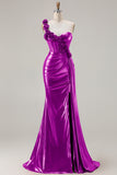 Metallic Burgundy Mermaid One Shoulder Corset 3D Flowers Long Prom Dress with Slit