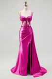 Champagne Mermaid Corset Streamer Beaded Ruched Long Prom Dress with Slit