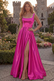 Blush Satin A Line Square Neck Pearl Prom Dress with Slit