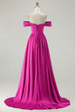 Off the Shoulder A Line Blue Satin Long Bridesmaid Dress with Slit