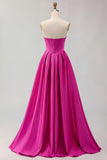 Golden A Line Beaded Strapless Corset Satin Long Prom Dress