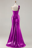 Metallic Burgundy Mermaid One Shoulder Corset 3D Flowers Long Prom Dress with Slit