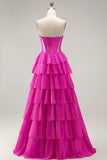 Strapless Pink A Line Tiered Ruffle Sequin Corset Long Prom Dress with Slit