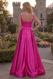Blush Satin A Line Square Neck Pearl Prom Dress with Slit