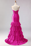 Red Mermaid Sweetheart Beaded Corset Tiered Ruffle Long Prom Dress with Slit