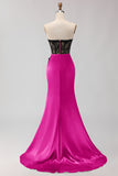 Black Green Strapless Mermaid Lace Appliqued Ruched Long Prom Dress with Slit