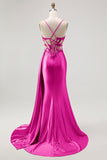 Champagne Mermaid Corset Streamer Beaded Ruched Long Prom Dress with Slit