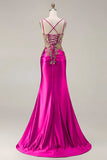 Black Mermaid Embroidered Beaded Lace Up Back Long Prom Dress with Slit