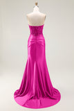 Sweetheart Mermaid Red Beaded Sequins Pleated Satin Long Prom Dress with Slit