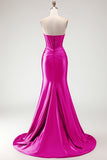 Burgundy Mermaid Sweetheart Corset Beaded Ruched Long Prom Dress with Slit