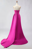 Royal Blue A Line Beaded Strapless Ruched Long Prom Dress with Slit