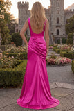Dark Green Cowl Neck Mermaid Satin Prom Dress with Slit