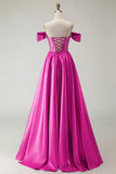 Off the Shoulder Purple A Line Beaded Corset Long Prom Dress with Slit