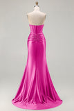 Dark Green Beaded Corset Strapless Mermaid Long Prom Dress with Slit