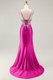 Sparkly Blush Spaghetti Straps Mermaid Sequins Corset Prom Dress with Slit