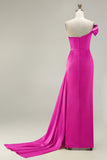 One Shoulder Green Sheath Ruched Long Prom Dress with Slit