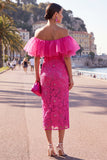 Off the Shoulder Ruffled Yellow Midi Wedding Guest Dress