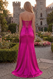 Strapless Corset Satin Burgundy Prom Dress with Slit