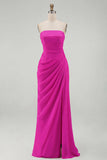Light Pink Strapless Ruched Sheath Long Prom Dress with Slit